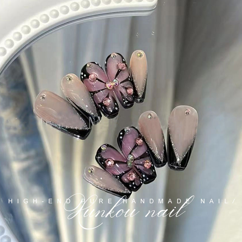 (Hand-Made Nail) Painted Pink Three-Dimensional Gradient Butterfly Handmade Wear Armor Finished Detachable Flash Aurora Diamond in the Debris Bride