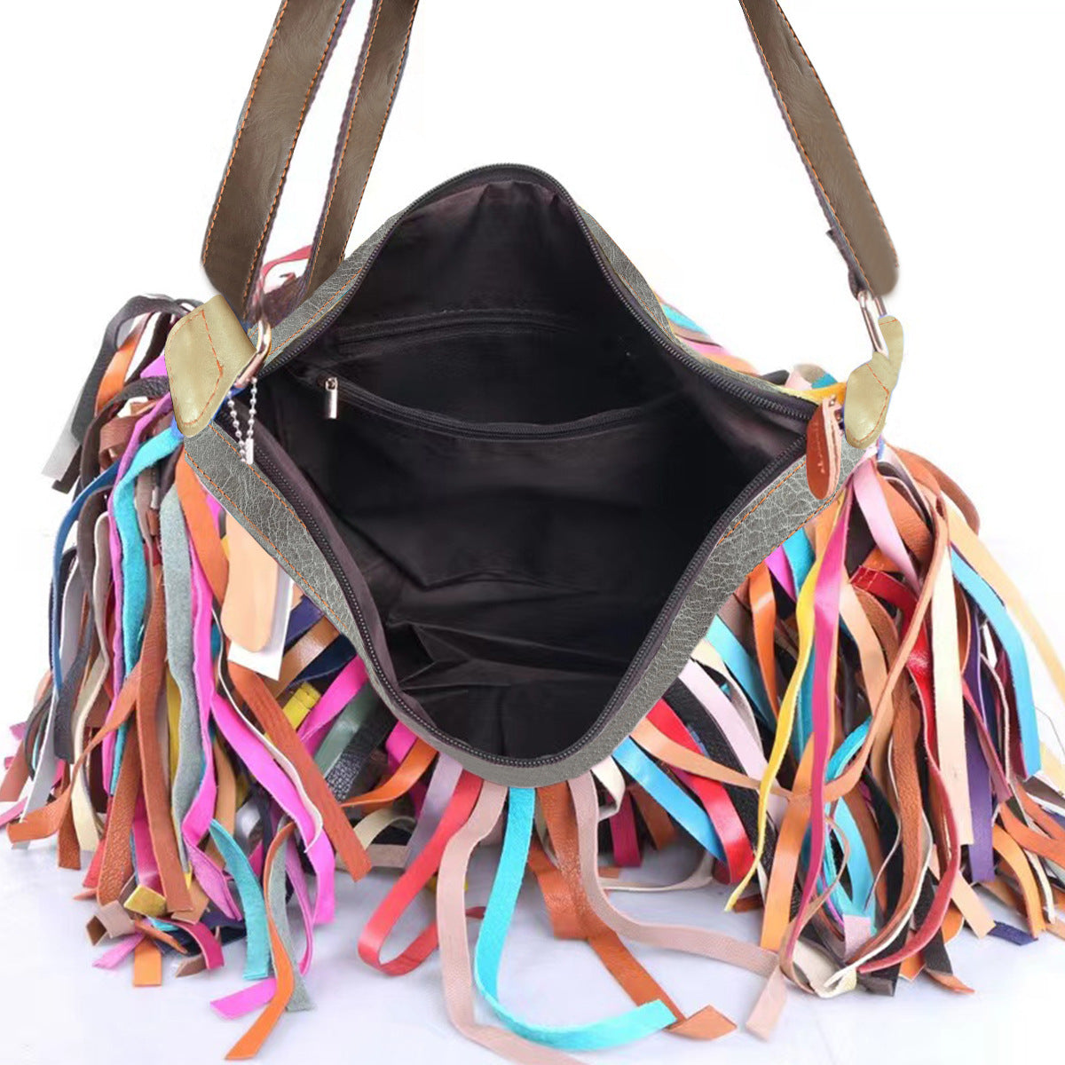 Dopamine Bag Free shipping Tattoo European and American style new women's bags, genuine leather cowhide women's bags, retro fringed splicing single shoulder large-capacity dopamine noodle bags
