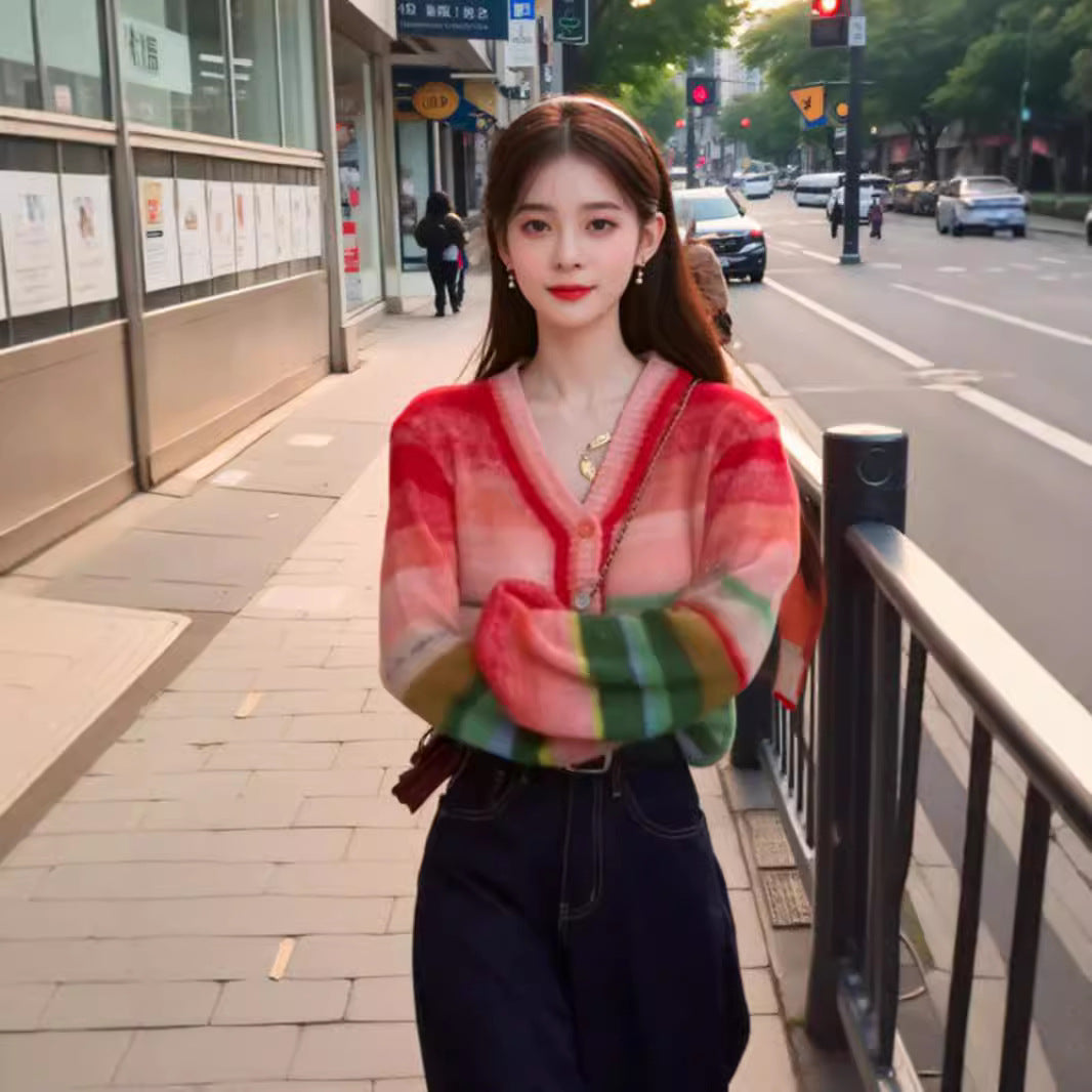 Dopamine tops Free shipping Tattoo Cross-border dopamine rainbow contrasting stripes knitted cardigan women's autumn new lazy age-reducing loose and sweet sweater