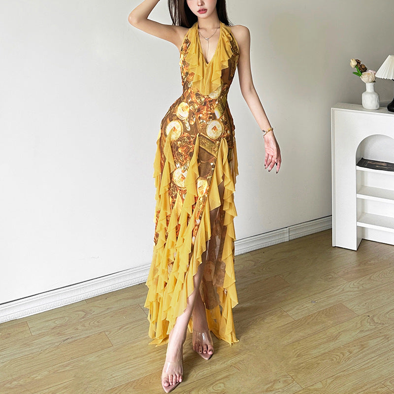 Free shipping  summer new sexy ruffle edge vacation style Spice girl neck suspender skirt woman dress