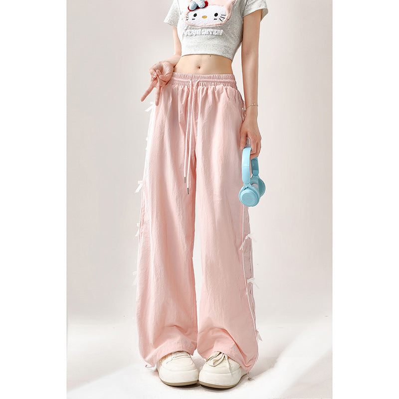 Dopamine pants Free shipping Tattoo Pink dopamine bow quick-drying overalls women's summer new thin straight casual loose wide-leg pants