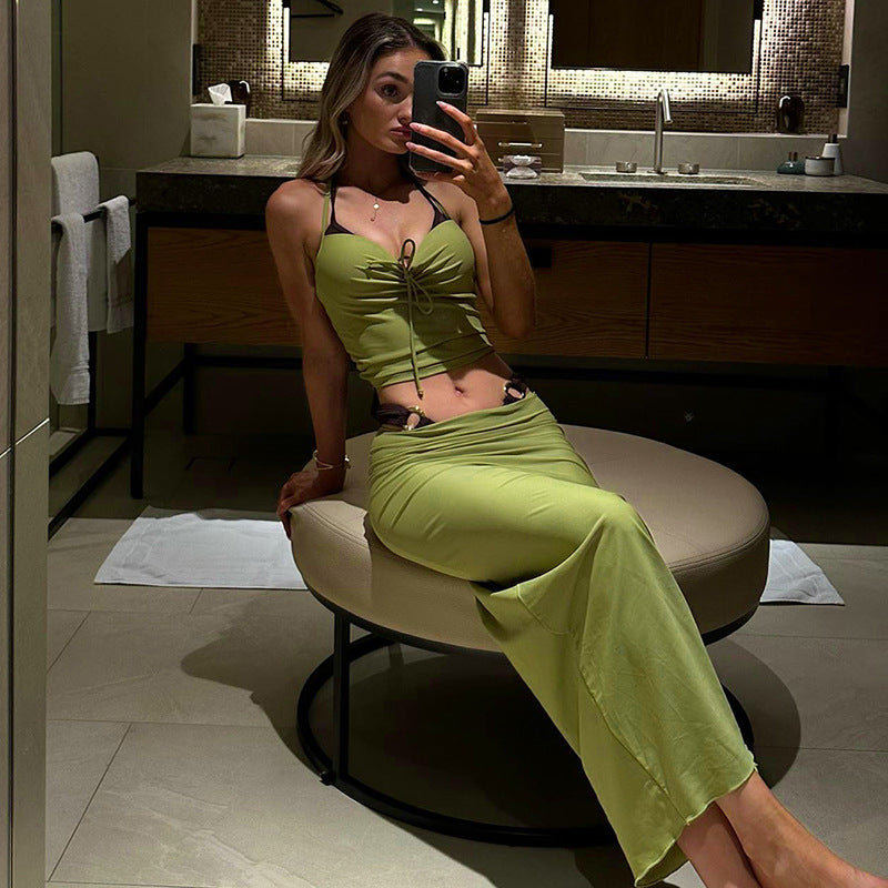 Fashion women's wear Q23st297 American Sexy Tube Top Backless Halter Top Long Dress Suit Women's Clothing Hot Girl All-Match Summer New