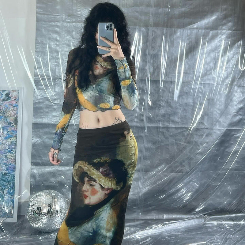 Fashion women's wear Q23tp663 American Fashion Girl Print Design Transparent Long Sleeves Cropped Top Long Skirt Women's Suit