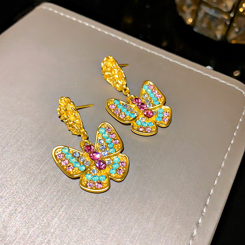 银针镶钻中古蝴蝶褶皱耳环个性轻奢设计感耳钉时尚高级感耳饰批发
