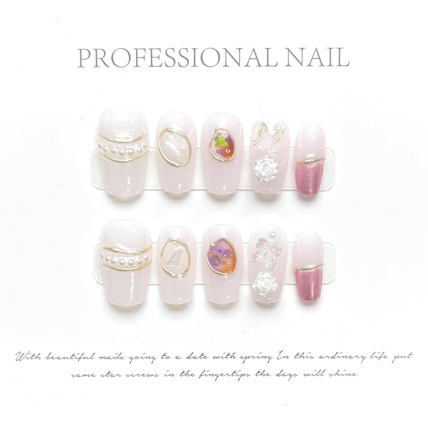 (Hand-Made Nail) Spring Full Garden Micro Carving Handmade Nail Painting Peony Princess Style White High-Grade Mid-Length Detachable