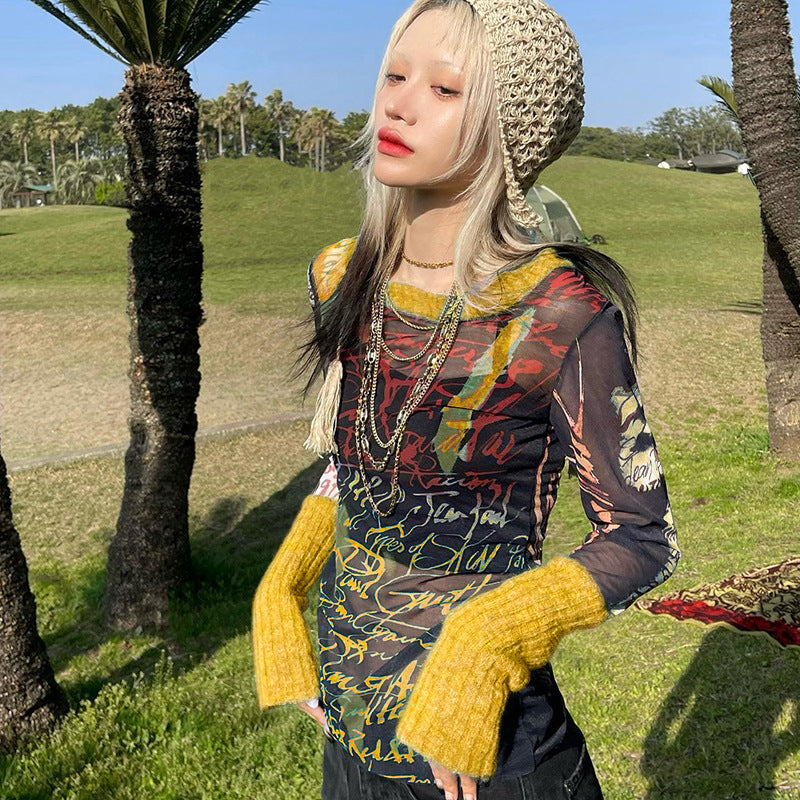 Fashion women's wear Q22tp540 Autumn New 2024 round Neck Pullover Long Sleeve Mesh Printed Casual  Women's Clothing Top T-shirt