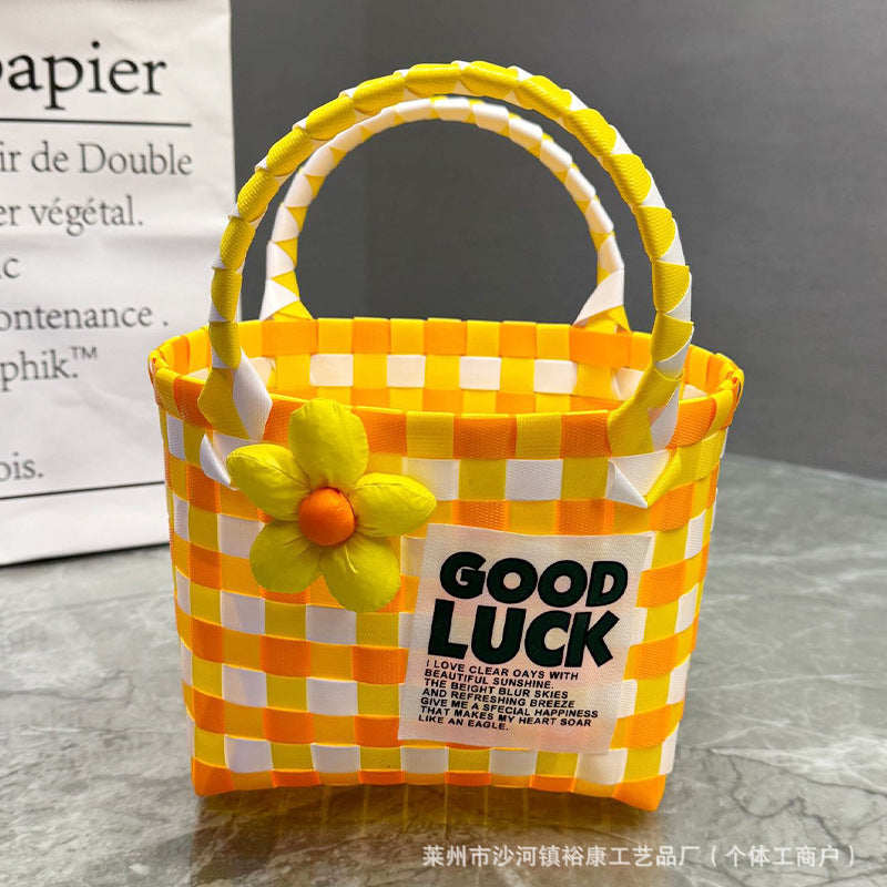 Dopamine Bag Free shipping Tattoo Cartoon dopamine plastic woven bag, trendy macaron hand-woven vegetable basket bag, cute casual seaside beach bag