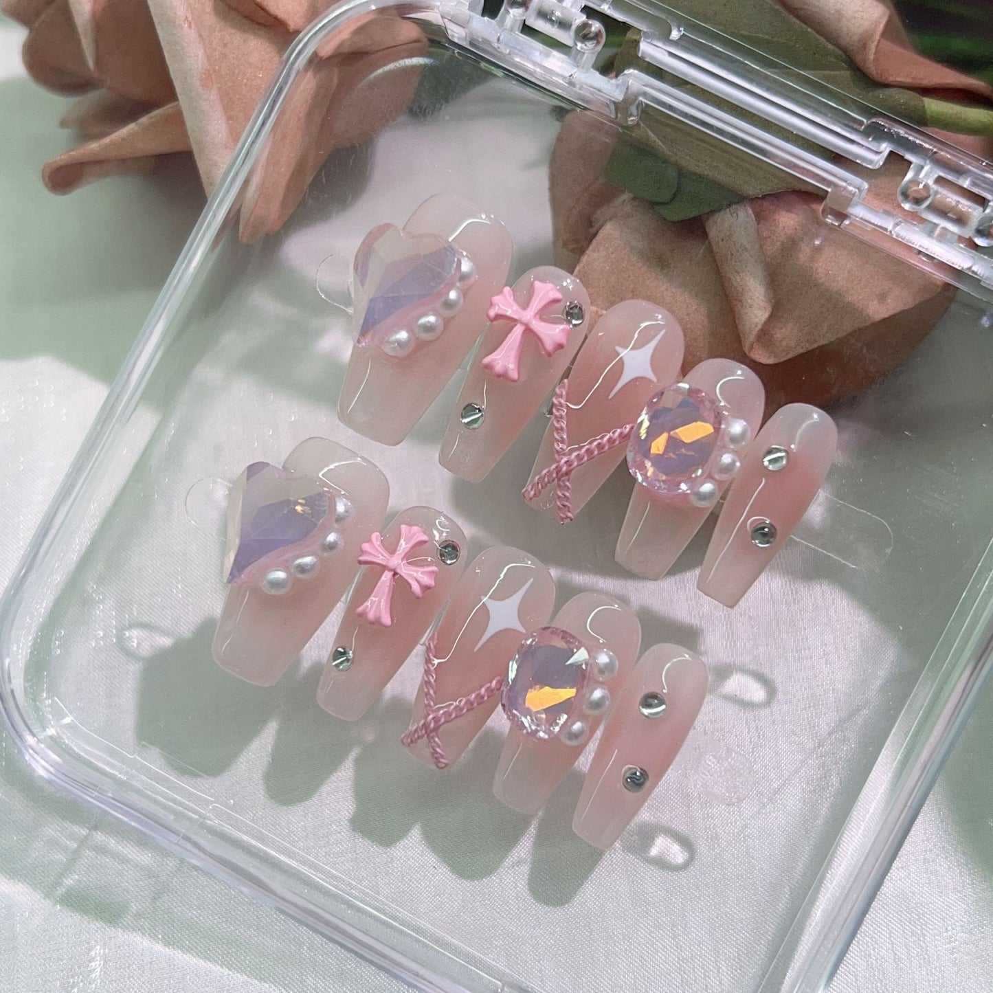 (Hand-Made Nail) Pure Desire Clear Feeling Gentle Fairy Girl Pile Rhinestone Nail Stickers Fake Nail Patch Wear Nail Tip Finished Product Detachable