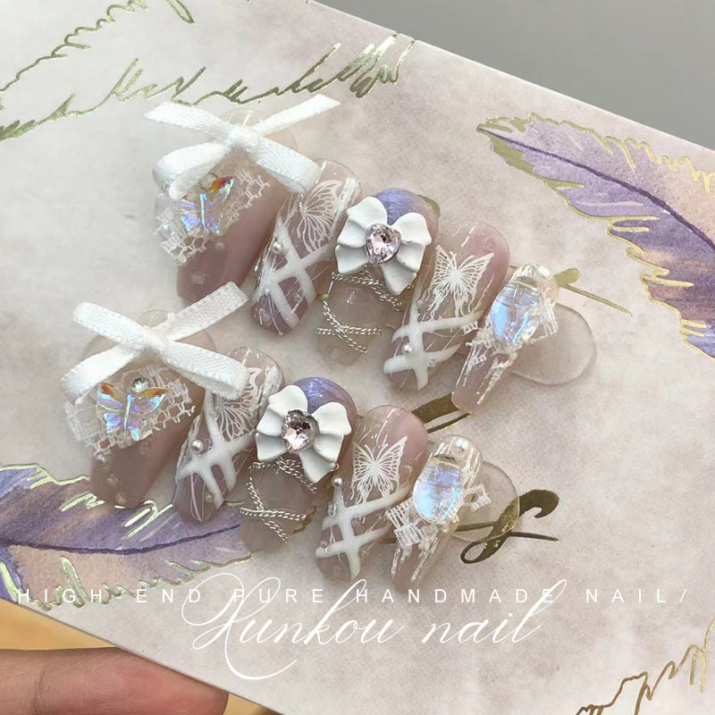 (Hand-Made Nail) Nail Fairy Flashing Pink Gradient Butterfly Chain Irregular Shell Gentle Blooming Handmade Wear Nail