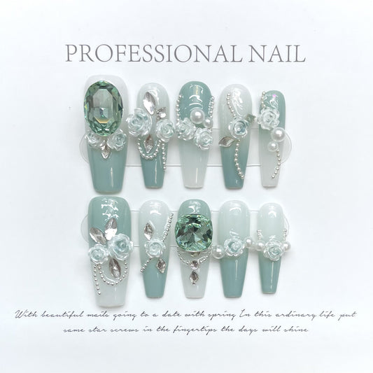 (Hand-Made Nail) [Original Real Shot] Manicure Wear Nail Green Full Diamond Camellia Gradient Chain All-Match National Style New Chinese Style