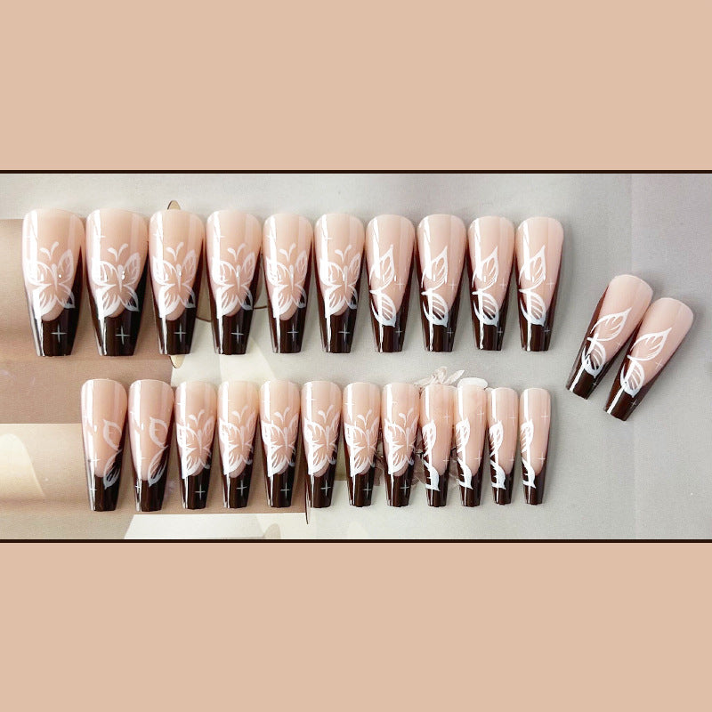 咖色蝴蝶穿戴甲法式nails 跨境美甲片外贸假指甲长梯甲型美甲贴片