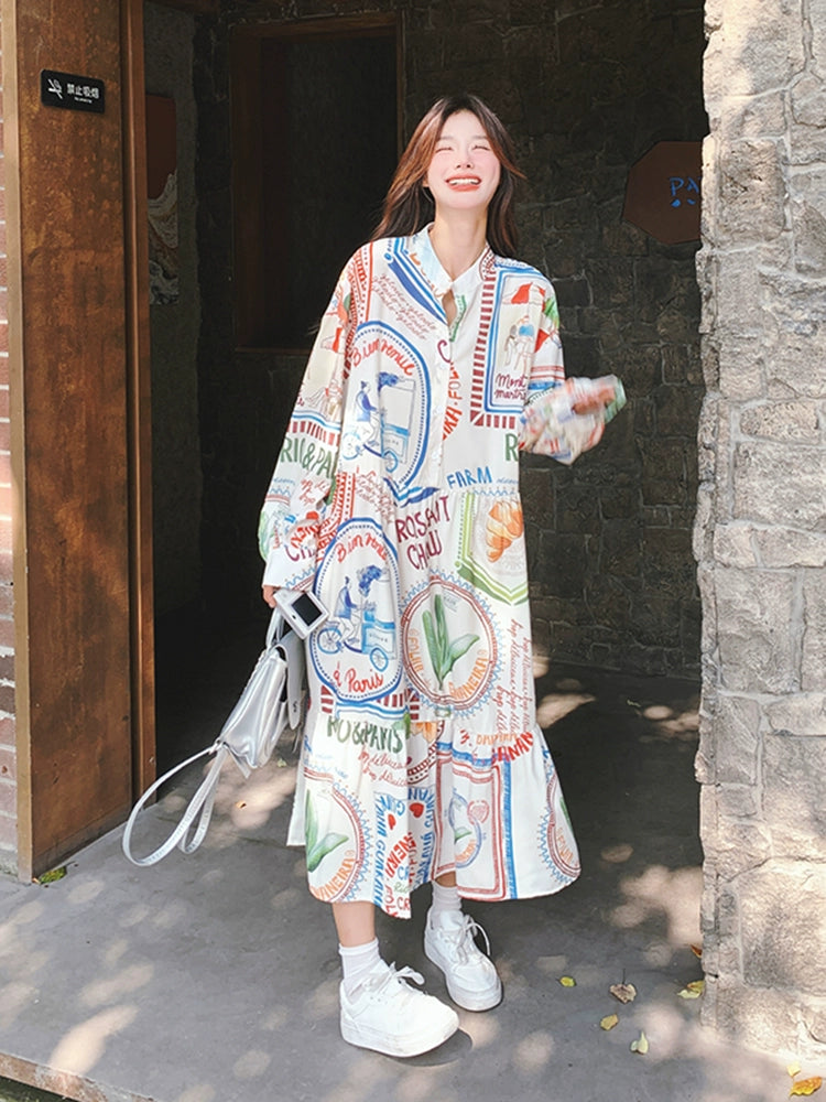 Dopamine dress Free shipping Tattoo Dopamine color graffiti print dress women's autumn 2024 new French lazy wind loose casual long skirt