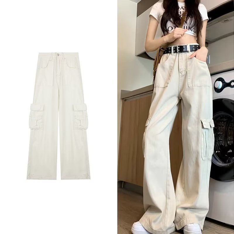 Dopamine pants Free shipping Tattoo Dopamine wears American overalls for women's 2023 summer new loose straight vertical apricot wide-leg floor pants