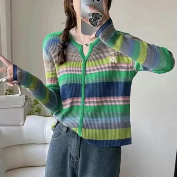 Dopamine tops Free shipping Tattoo Early autumn new striped versatile contrasting colors rainbow dopamine wear long-sleeved V-neck knitted sweater women