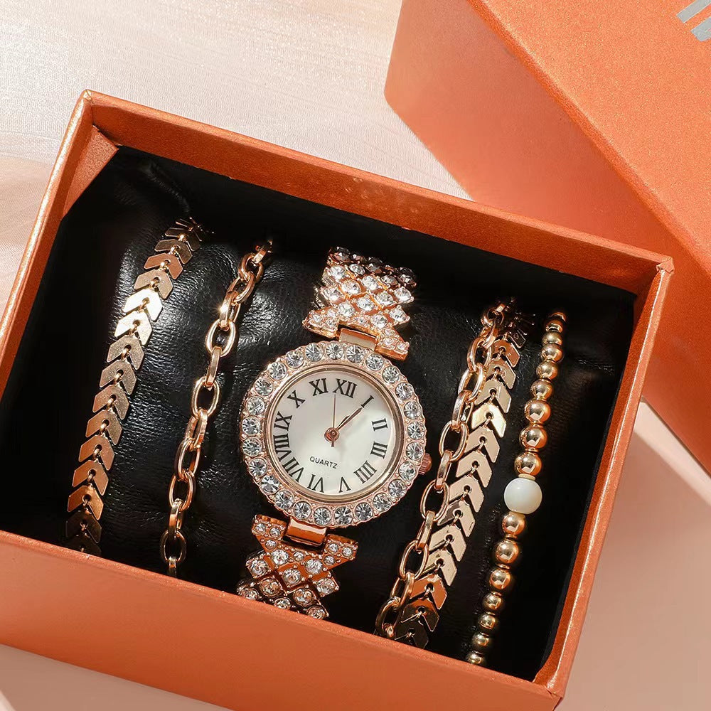 Fashion women's watch2023 New Foreign Trade Cross-Border Hot Casual Fashion Diamond-Embedded Simple Roman Pattern Women's Watch Six-Piece Gift Box