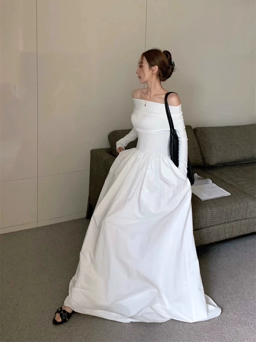 Fashion women's wear Retro Elegant off-Shoulder Long Sleeve Dress Women's Spring and Autumn 2024 New plus Size Plump Girls Waist-Tight A- line Long Skirt