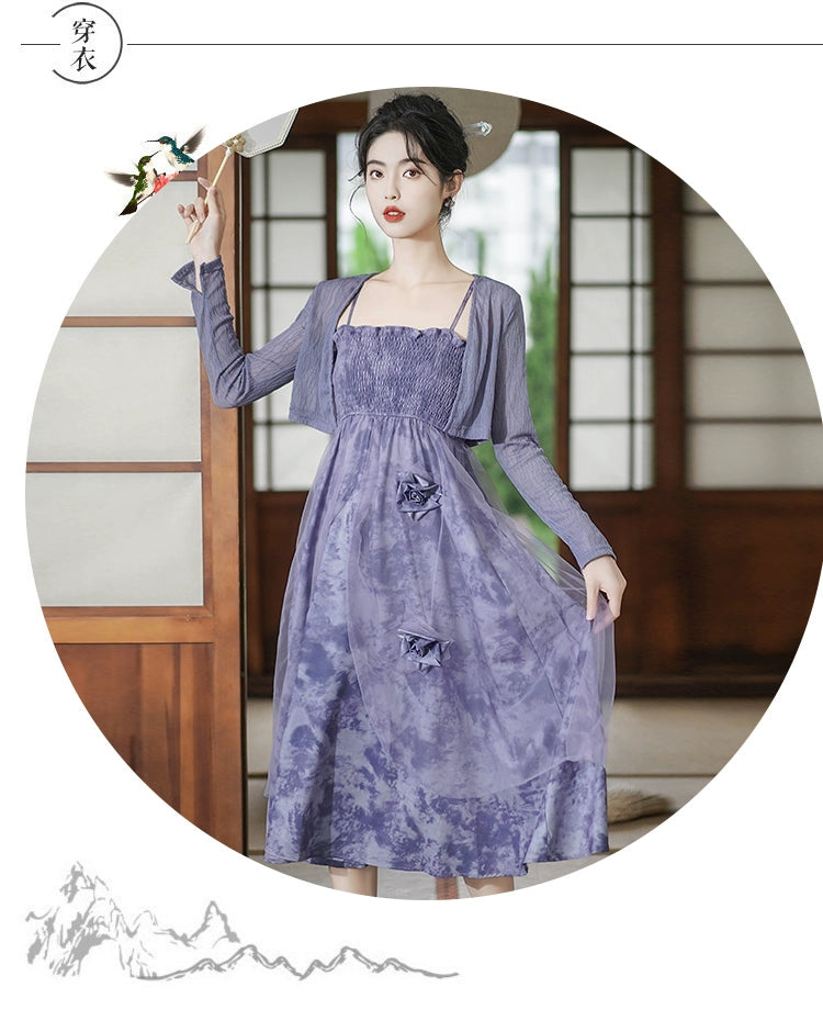 Fashion women's wear New Chinese Style Purple Strap Dress Suit Women's Spring 2024 New Small Fairy Lady Super Fairy Floral Skirt