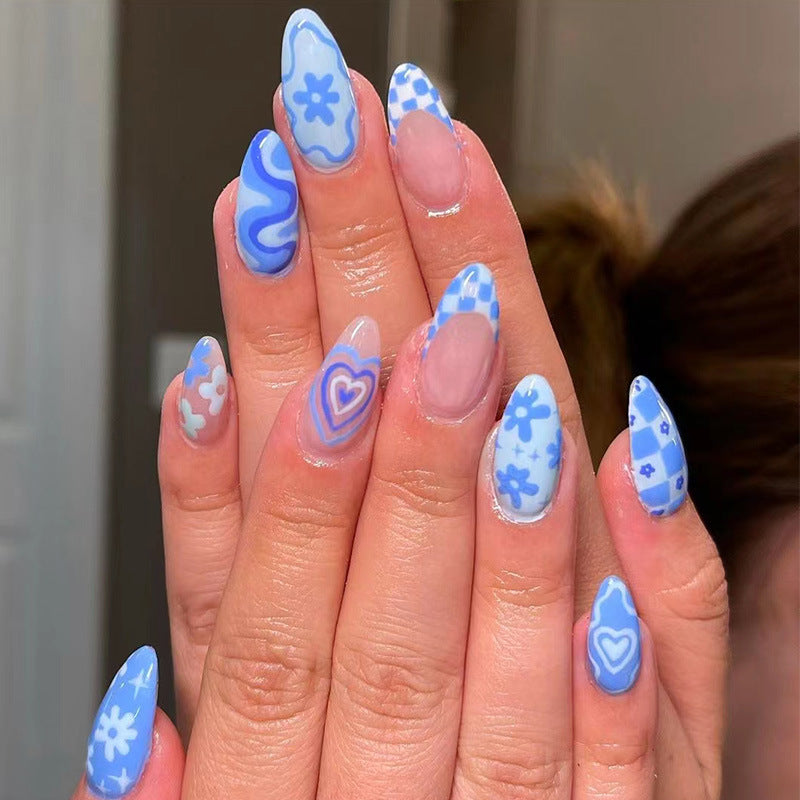 天蓝爱心穿戴甲不规则nails 诺顾美甲片外贸假指甲杏仁甲美甲贴片