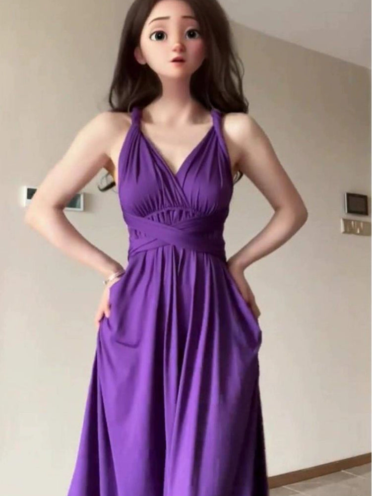 Fashion women's wear Purple Strap Dress Texture High-Grade Waist Slimming Adult Lady like Woman Beautiful Luxurious Style French Long Skirt Summer