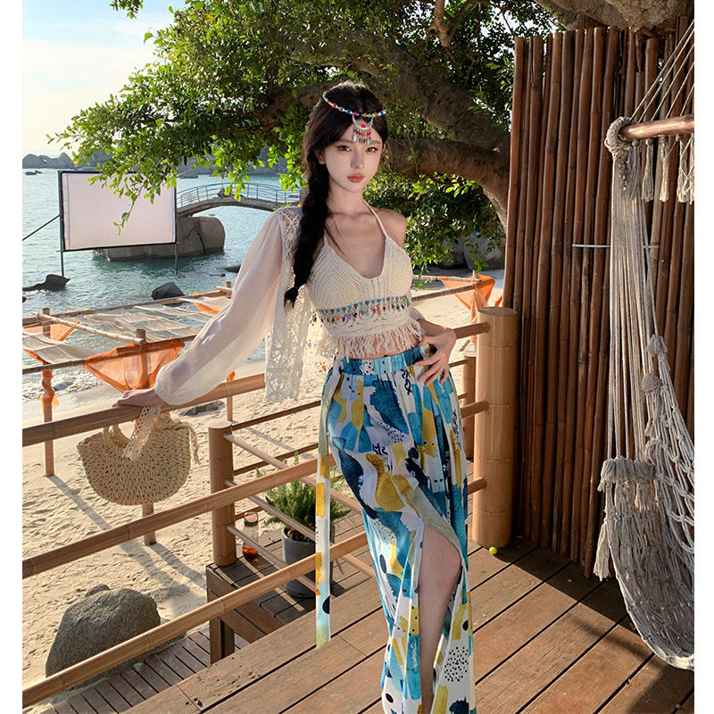 Dopamine pants Free shipping Tattoo Seaside photo pants super fairy summer Thailand Sanya seaside vacation wide-leg pants dopamine beach skirt pants trousers