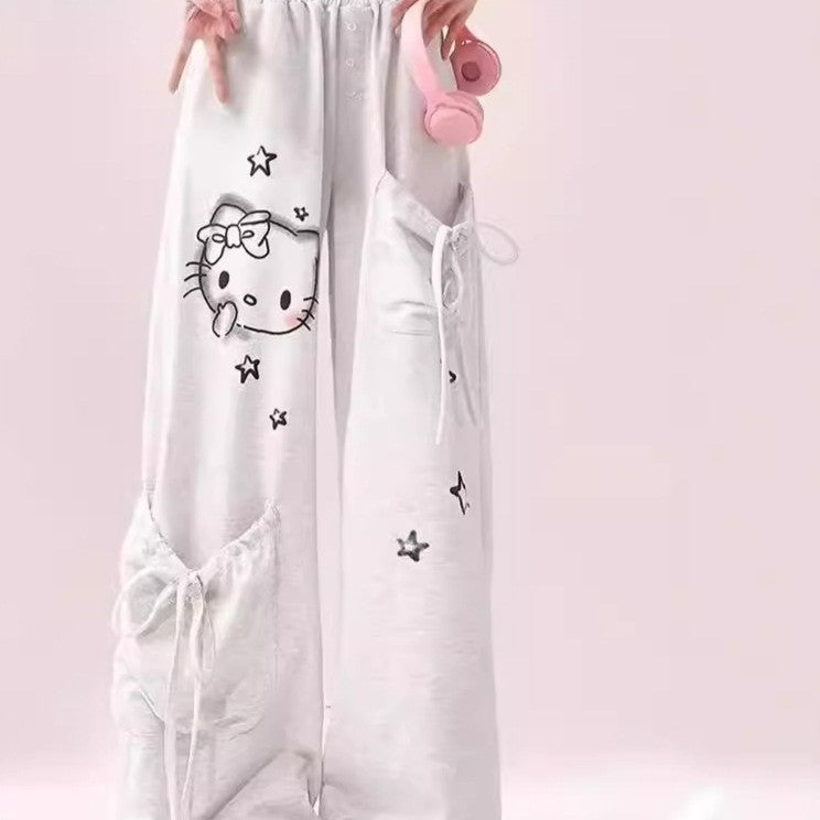 Free shipping Dopamine printed gray casual pants women's new loose and thin straight mopping long pants