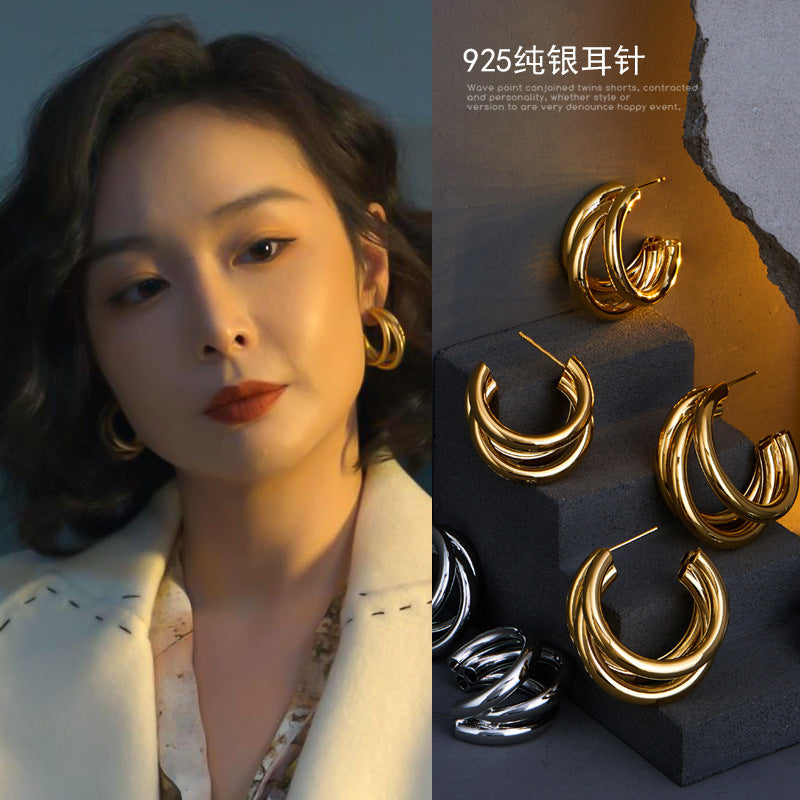 珠宝耳饰 925银针几何耳钉小众设计感耳环金色圈圈中古网红高级感耳饰批发