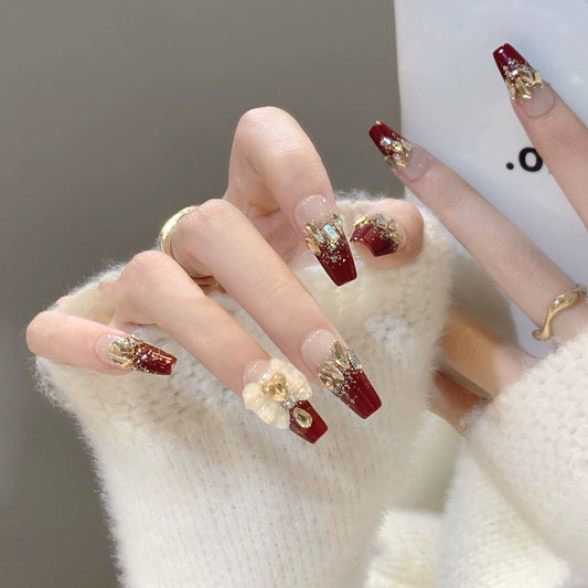 (Hand-made nail)手工制作金羽琉璃穿戴甲长款法式指甲贴成品高级感显白穿戴甲片