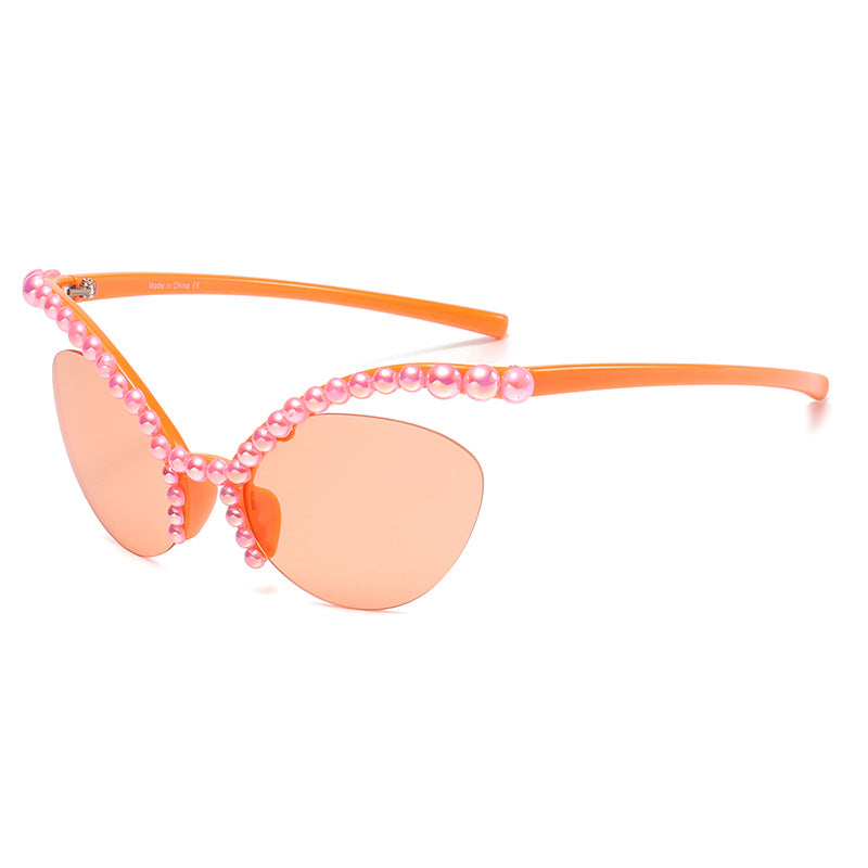 Women's fashion glasses 2023欧美异形框蜻蜓镶钻墨镜潮流水晶珍珠太阳眼镜户外防晒显瘦女