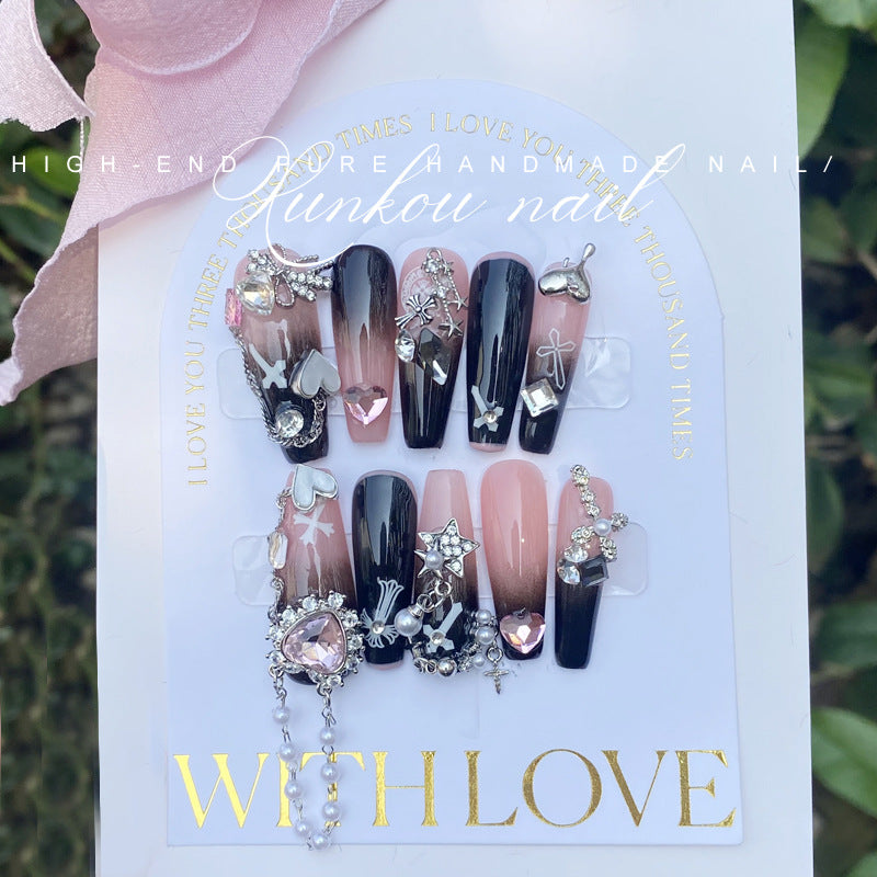 (Hand-Made Nail) Handmade Wear Nail Factory Straight Hair Sweet Hot Girl Ice through Pink Black Gradient Coloring Flash Heart Cool