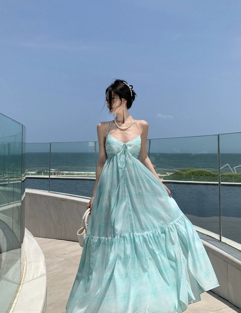 Fashion women's wear French Pure Desire Style Sexy Backless Halter Sling Dress Fairy Temperamental Beautiful Seaside Vacation Beach Dress