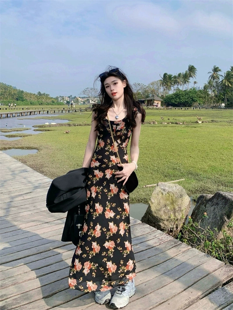 Fashion women's wear Tea Break French Floral Strap Dress Women's Summer Small Flounced Sleeve Tight Waist Fishtail Hip Skirt Seaside Holiday Beach Skirt