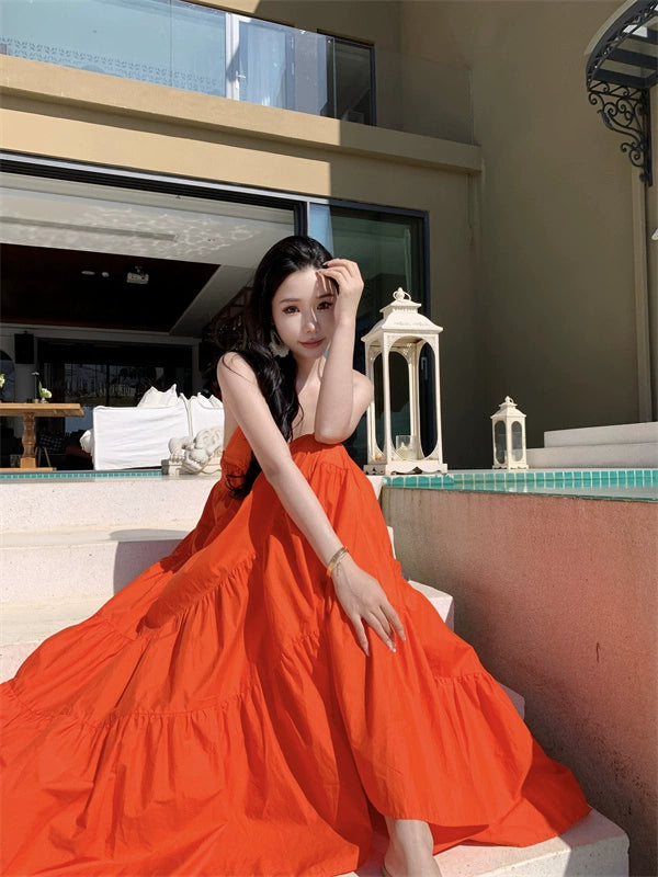 Fashion women's wear Yunnan Travel Photography Fairy Dress Orange Deep V-neck Backless Sling Dress Sanya Seaside Beach Skirt Female