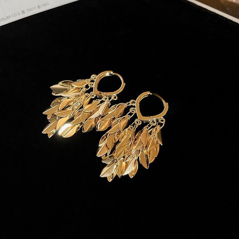 925银针树叶亮片流苏耳环欧美夸张个性耳钉时尚高级感耳饰批发女