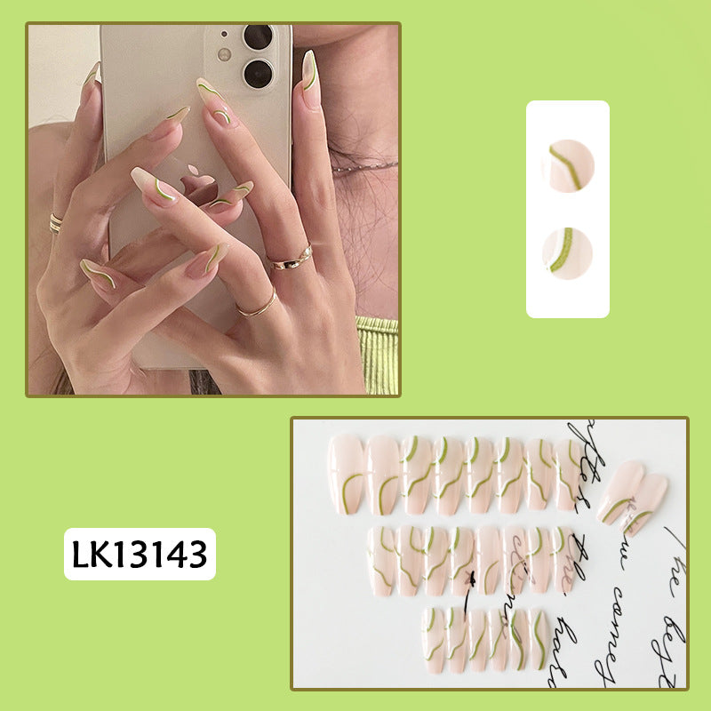 芥末绿线条穿戴甲美甲贴片穿戴美甲成品甲片指甲贴片假指甲片24片