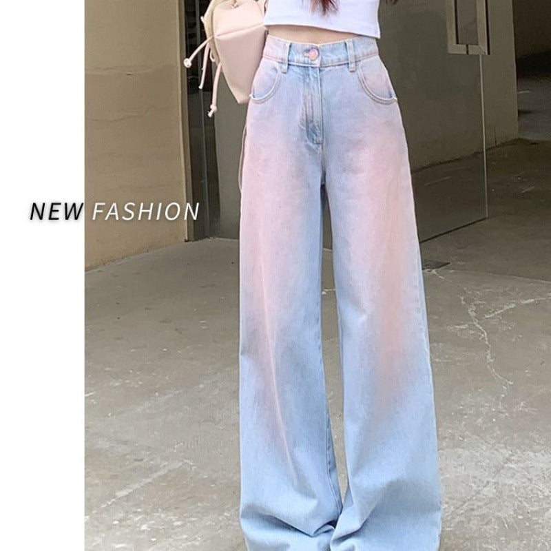 Free shipping Gradual change color design sense blush jeans women's summer dopamine loose and thin straight versatile high waist wide leg pants
