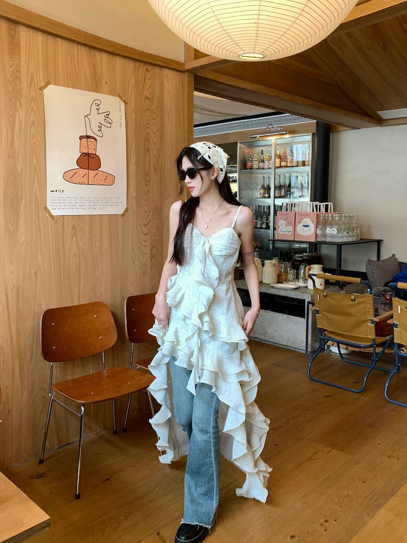 Fashion women's wear Tea Break French Irregular Ruffled Floral Strap Dress Women's Summer High-Grade Sense Beautiful Seaside Vacation Dress