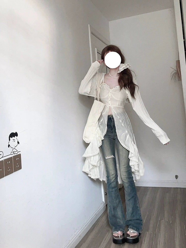Fashion women's wear French Tea Break Gentle Ruffled Splicing Sling Dress Women's Spring 2024 New Long Sleeve Two-Piece Suit with a Shawl