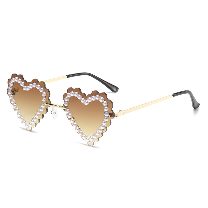 Women's fashion glasses 欧美新款无框切边镶珍珠爱心太阳镜网红街拍墨镜跨境水钻潮眼镜