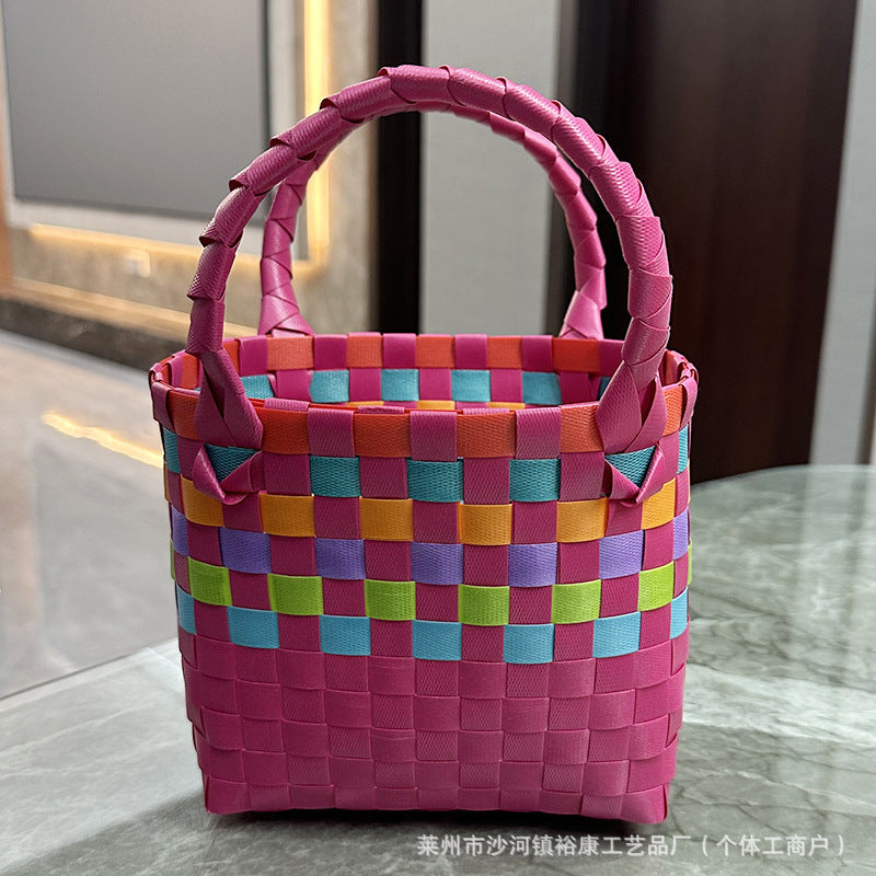 Dopamine Bag Free shipping Tattoo Cartoon dopamine plastic woven bag, trendy macaron hand-woven vegetable basket bag, cute casual seaside beach bag