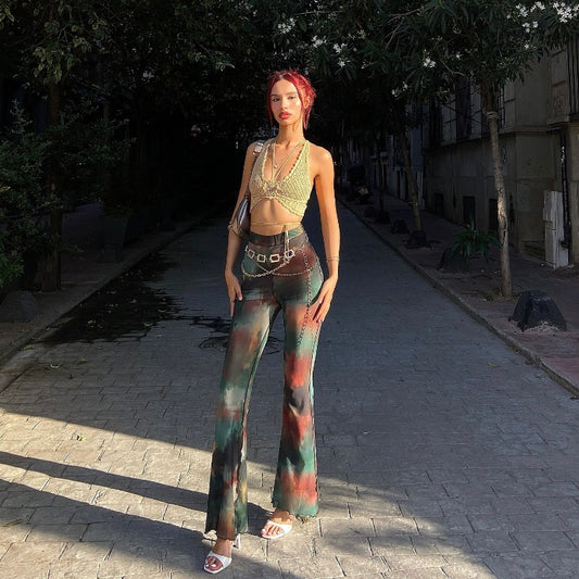 Free shipping   new fashion tie-dye printing slim-fitting high-waisted micro-pull pants women's casual pants