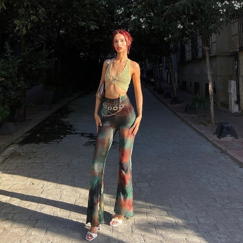 Free shipping   new fashion tie-dye printing slim-fitting high-waisted micro-pull pants women's casual pants