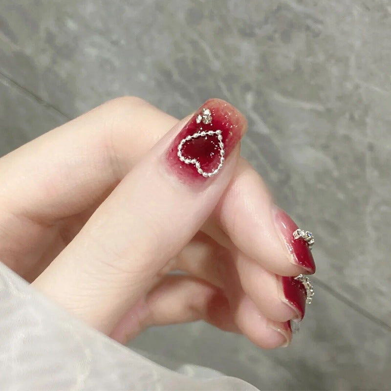 水红冰链穿戴甲新娘指甲贴片气质美甲片半手工假指甲美甲贴片成品