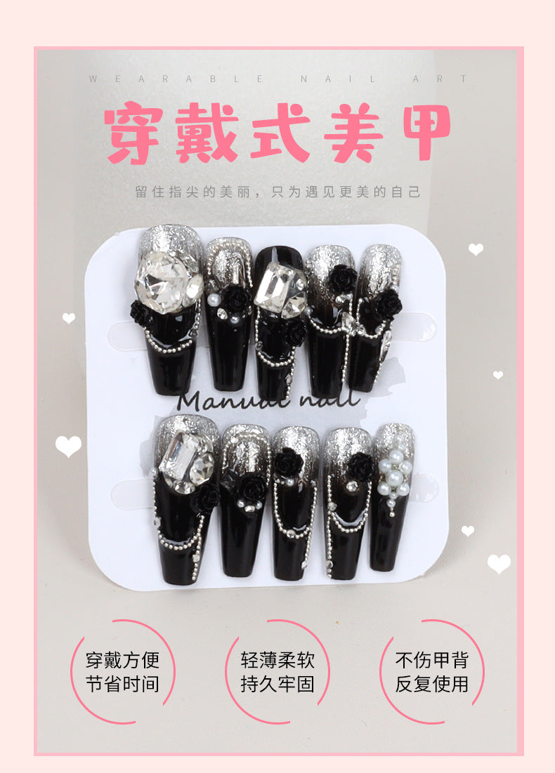 显白欧美赫本风黑色甜酷法式穿戴甲暗黑辣妹款指甲贴片手工穿戴甲