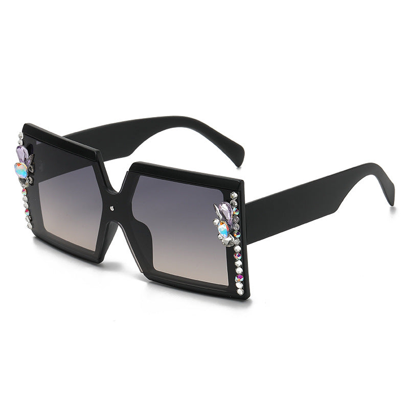 Women's fashion glasses 2023欧美大框架镶钻墨镜跨境潮流水晶钻石太阳眼镜户外防晒显瘦女