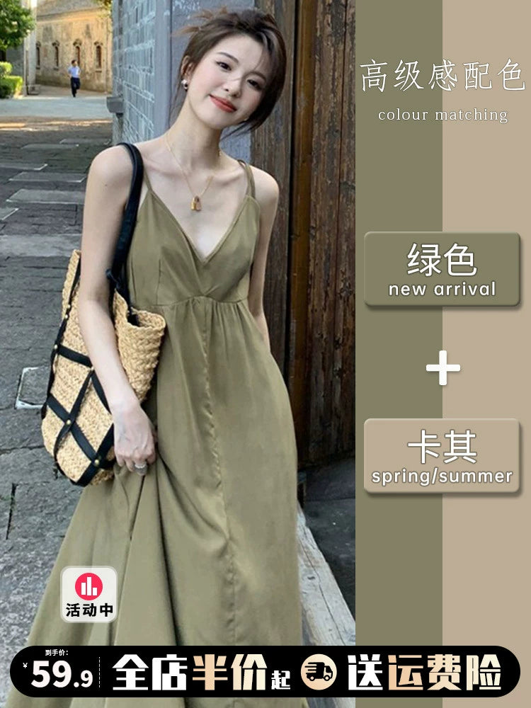 Fashion women's wear Tea Break French Style V-neck Sling Dress Women's Summer 2024 New Seaside Holiday High Sense Temperament Long Dress