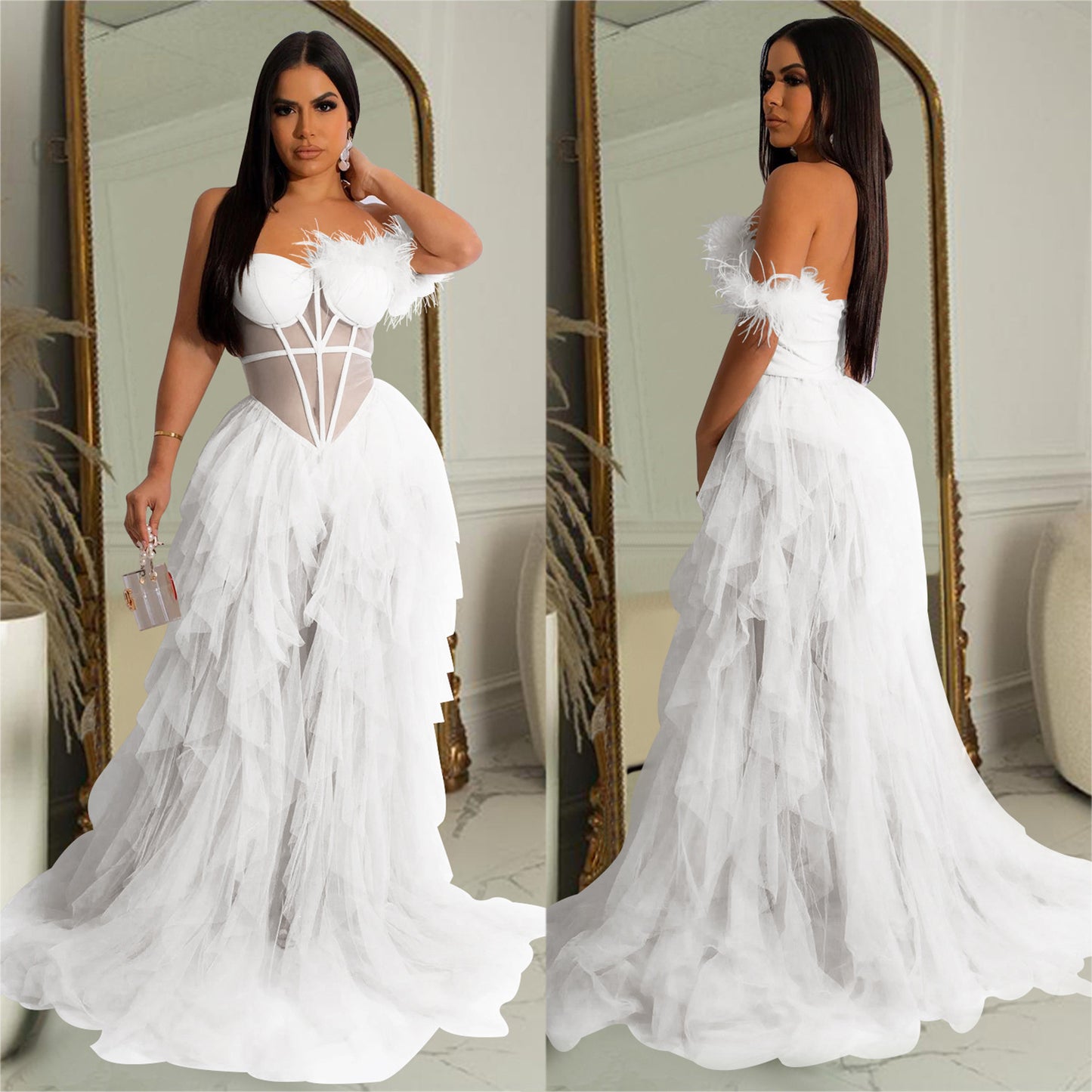 Fashion women's wear X6223 Cross-Border  Fashion Women's Wear Solid Color Sleeveless Chest Wrap Mesh Long Dress Dress
