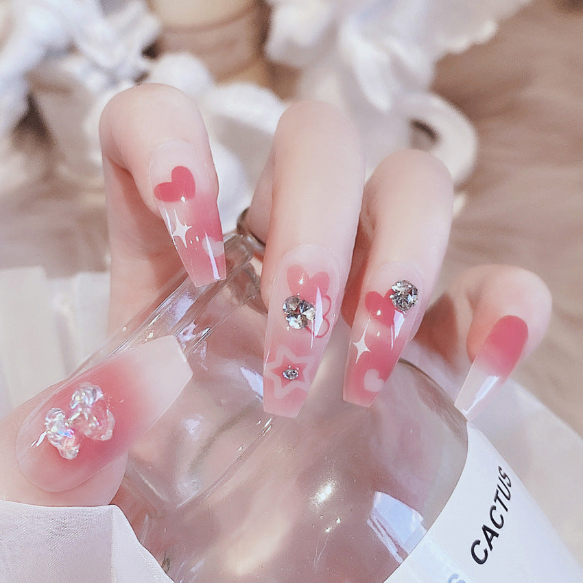 Fashion  nail New Bear Peach Heart Cute Long Finished Nail Beauty Wearable Fake Nails Removable Nail Tip Wearable Nail X75