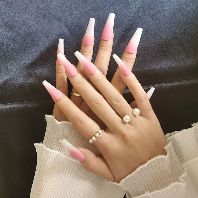 (Hand-made nail) Spice girl Europe and America, dark and long manicure nail, ballet nail, flat head, white, fake nails, wearing beautiful patch, finished product.