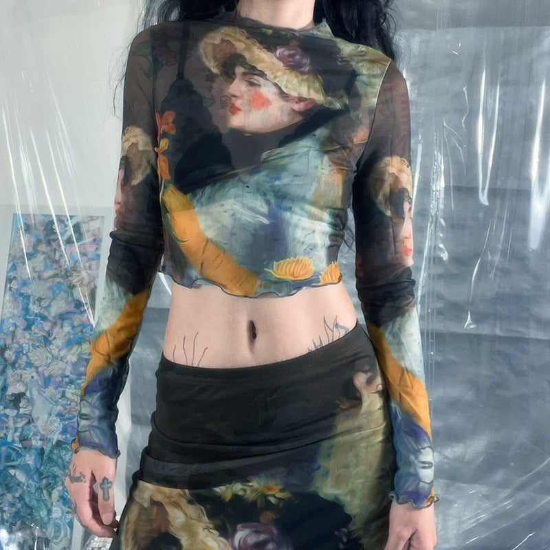 Fashion women's wear Q23tp663 American Fashion Girl Print Design Transparent Long Sleeves Cropped Top Long Skirt Women's Suit
