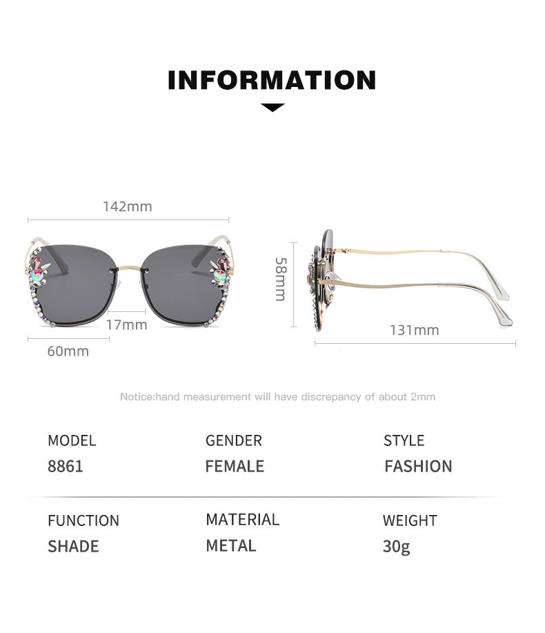Women's fashion glasses 跨境欧美新款镶钻墨镜女防紫外线太阳镜圆脸防晒时尚开车女士眼镜